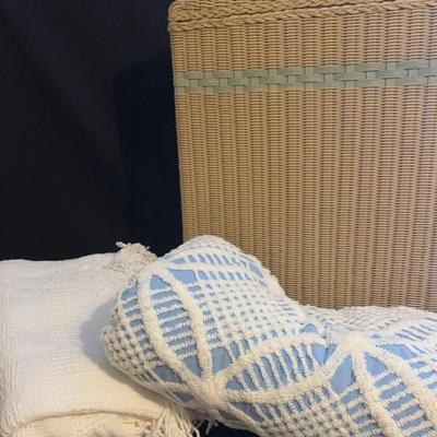 Three Full Size Blankets/coverlets And Wicker Clothes Hamper