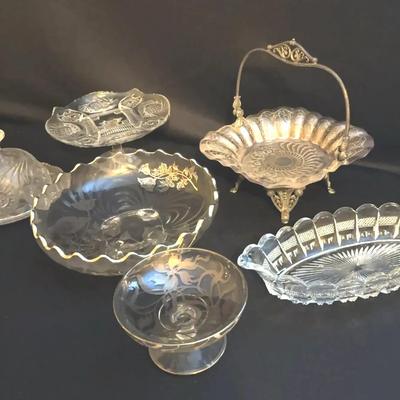 James W. Tufts Silver Plated Bride’s Basket, Glass Bowls w/Silver Overlay, Cut Glass Serving Pieces