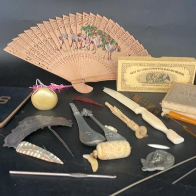 Ladies Vintage Lot Hair Pins, Fan, Cigarette Holder Etc