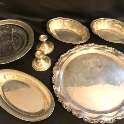 Collection Of Sterling Silver Platters, Serving Dishes And Candle Stick Holders