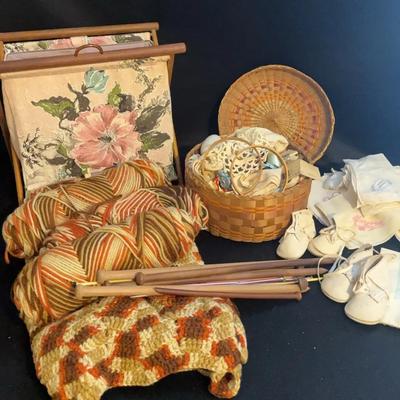 Vintage Knitting Bag, Knitting Needles W/Yarn, Vintage Handkerchiefs, Baby Shoes, Embroidery Basket