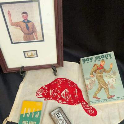 Boy Scouts Of America Framed Print With Stamp,  Camp Flag, 1945 Girl Scout Diary, Harmonica