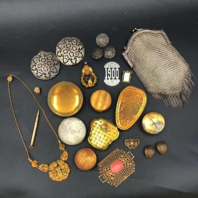 Vintage Makeup Compacts, Buttons, Covers, Necklace, Purse, Brooch