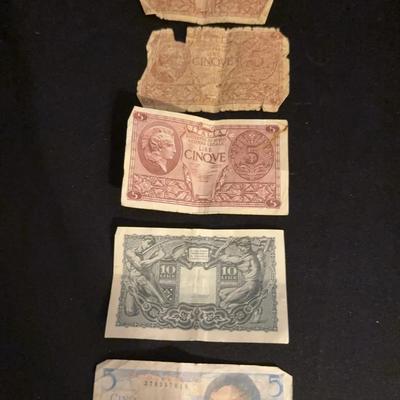1944 Italian 10 Lire, 5 Lire Banknotes and French 5 Francs Note known as the “Berger”