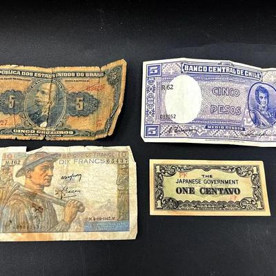 Vintage Paper Money France, Japan, Brasil, Chile Paper Bills