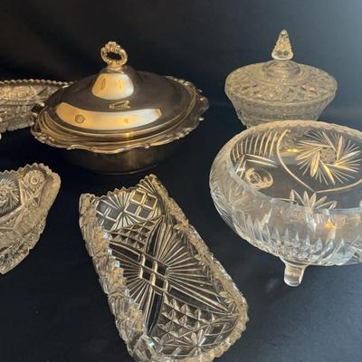 Silver Plated Chafing Dish, Assortment Of Cut Glass Dishes And Antique Dugan Daisy and Plume Bowl