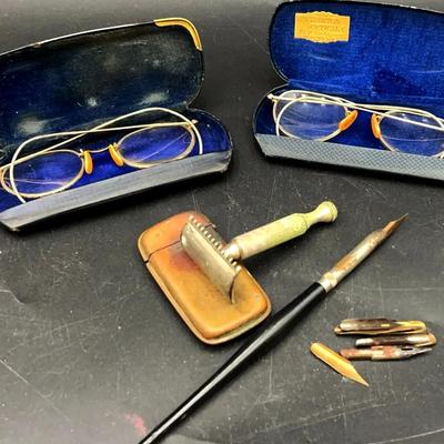 Vintage Spectacles, Razor, Nibs, And Quill Pin￼