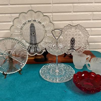 Vintage Indiana Glass Hobnail Platter, Bowl, Dish-Frosted Wheat Pattern Creamer, Fostoria Ruby Red D