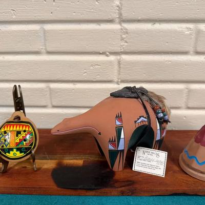 “Native Images” Pottery- Bearer 
W/ wooden whistle and Incense Holder 