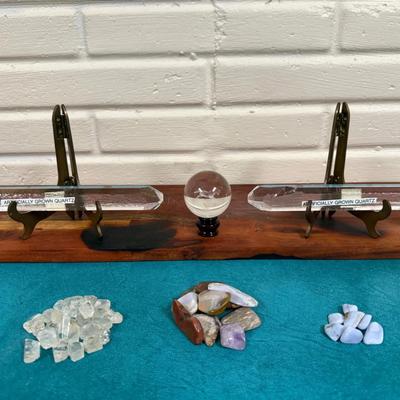Artificially Grown Quartz, Glass Horse Globe w/ Polished Rocks & Raw Clear Quartz Crystal 