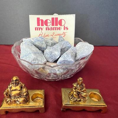 “Blue Quartz Rocks w/ Miniature Buddha & Kuan Yin” Figurines 