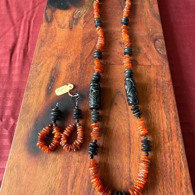 Amber, Carved Shungite, Goldstone Necklace W/Earrings 
