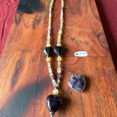 Gorgeous Fluorite Necklace W/ Amethyst Pendants 