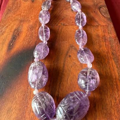 Hand Carved, amethyst scarab bead necklace. 