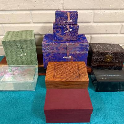 Collection of Vintage Decorative Boxes/ Cases. Highlighted by a Vintage Chinese Carved Camphor Wood