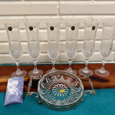 Vintage Cristal d’Arques Longchamp Champagne Flutes w/ Remis VMC Serving Dish