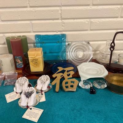 “Ra Enterprises” Store Items Vintage Glass Dishes, Candles “God’s Hands” sculpture & Crystal Stand  