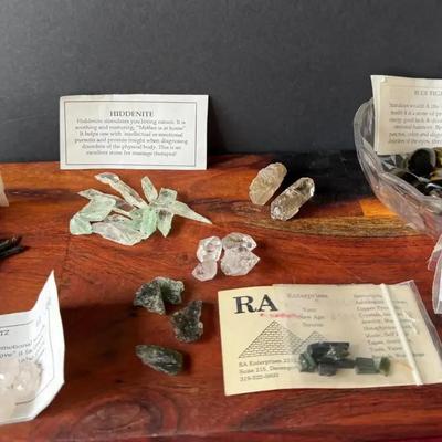 Collection of Various Items 
Hiddenite, Rose Quartz, Blue Tigers Eye, Rulitated Quartz, Phenycite, 