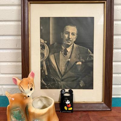 Disney Lot 
Walt Disney Portrait Print. Vintage Mickey Mouse Pin, Vintage Bambi Planter 