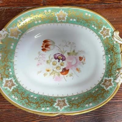 Antique Hand-Painted Pedestal Bowl with Gold & Turquoise Trim (c. 1900s–1920s)