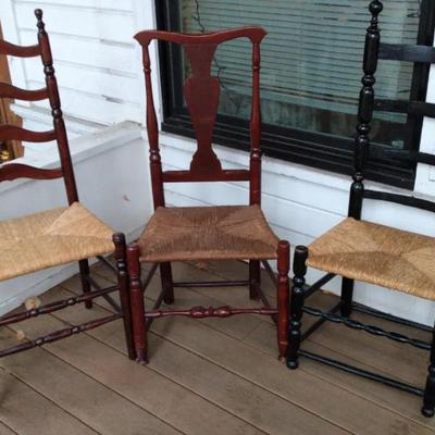 Early–Mid 20th Century Handwoven Rush Seat Farmhouse Chairs – Mismatched Ladder & Splat Back
