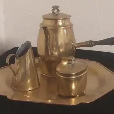 Brass Coffee & Tea Service Set with Tray – Crest Marked (c.1930s–1940s)