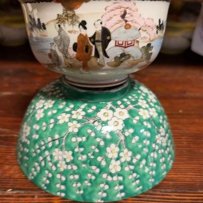 1950s “Canton Ware” Hand-Painted Floral Bowl/Kutani-Style Japanese Porcelain Tea Bowl