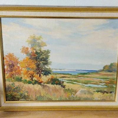 Mid-20th Century Ray Huntsman Original Oil Landscape-New England Coastal Autumn Scene in Gilt Frame