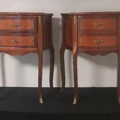 French Provincial Inlaid Wood Nightstands with Brass Ormolu – 