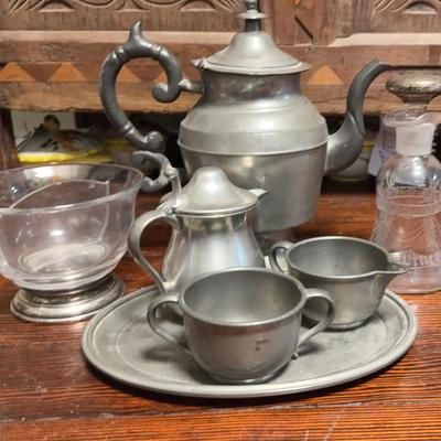Pewter Tea Set/Etched Vinegar Dispenser w/Sterling Top