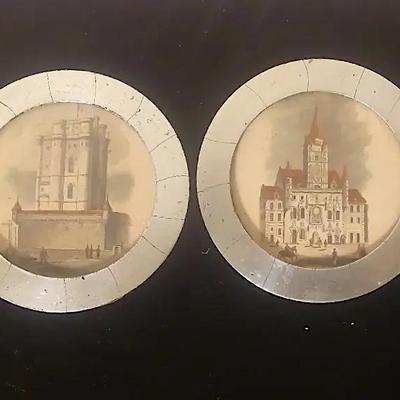 Early–Mid 20th Century Framed Architectural Prints – Round City Landmark Pair