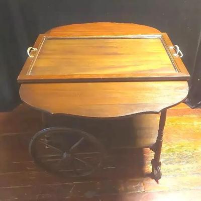 1940s Vintage Mahogany Drop-Leaf Tea Cart – Wood Spoke Wheels & Brass Accents