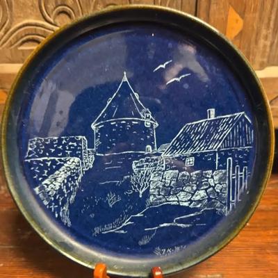 Danish Stoneware Plate – “1832” Marked Scene – Signed (c. 1970s–1990s)