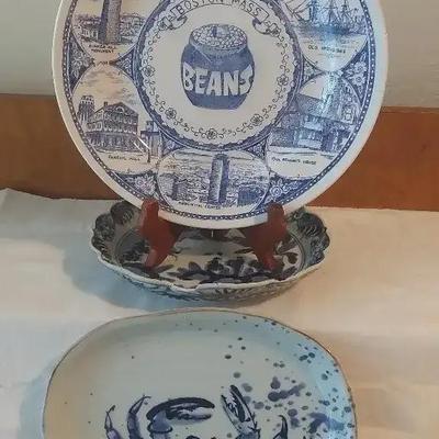 Blue Transferware “Boston Baked Beans” Souvenir Plate & Hand-Painted Crab Platter