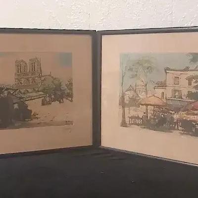 “After E. Galien-Laloue” Paris Street Scene Prints – Framed Notre Dame & Montmartre c. 1940s–1960s 