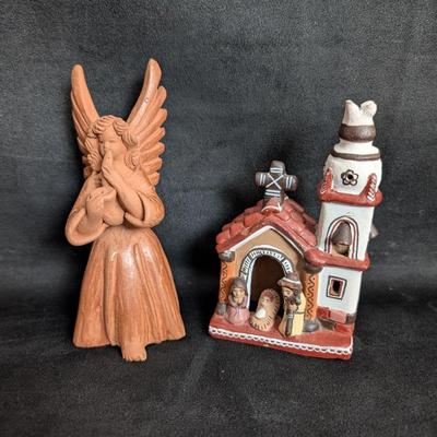 Late 20th Century Terracotta Angel & Hand-Painted Nativity Church