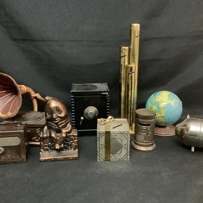 Vintage & Novelty Metal Banks -Humpty Dumpty, Globe, Gramophone, & Safe Styles (c.1940s–1980s)