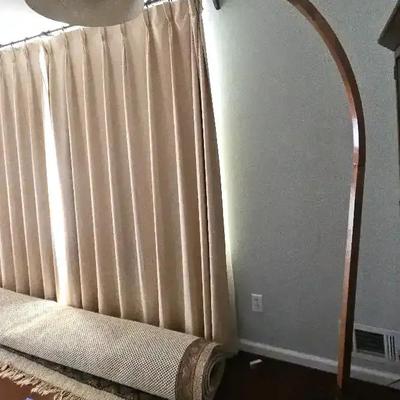 Vintage Brass & Wood Arc Floor Lamp with Dome Shade