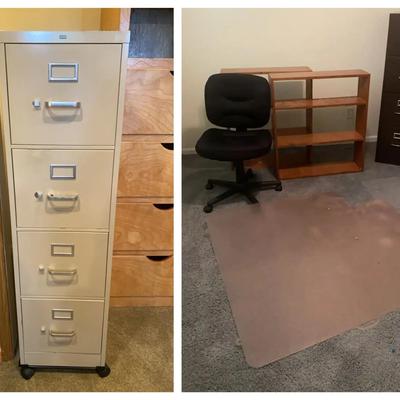 Office Furniture Set Featuring File Cabinets, Chair & Shelving
