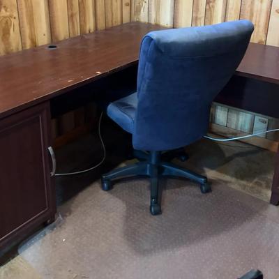 L-Shaped Office Desk with Blue Upholstered Chair & Floor Mat