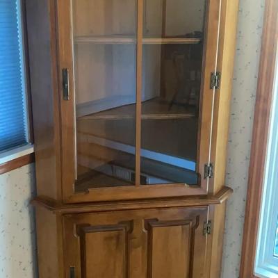 Wooden Corner Hutch with Glass Doors & Metal Accents