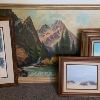 Signed Artwork Collection Featuring Mountain, Ship & Coastal Scenes