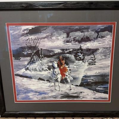 Framed Native American Winter Scene by Lorenzo Black Lance – Signed & Dated 1990