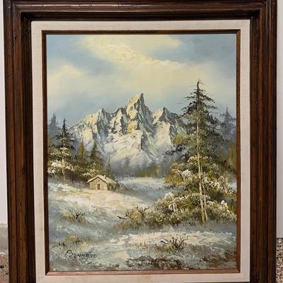 Original Oil Painting “Mountain Cabin” by Bennett – Signed, Framed (1980s)