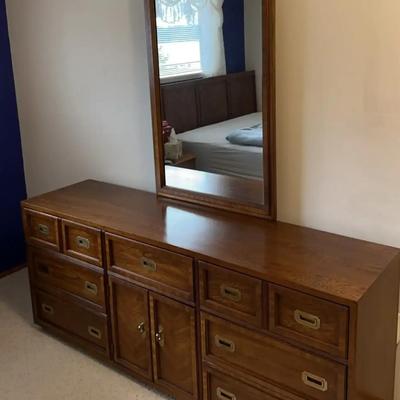 Lane Mid-Century Modern 9-Drawer Dresser with Mirror – Campaign Style Brass Hardware (c. 1970s)