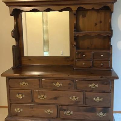 Rustic Solid Pine Dresser with Hutch Mirror & Drawers Early American Country Style (c. 1970s–1980s)