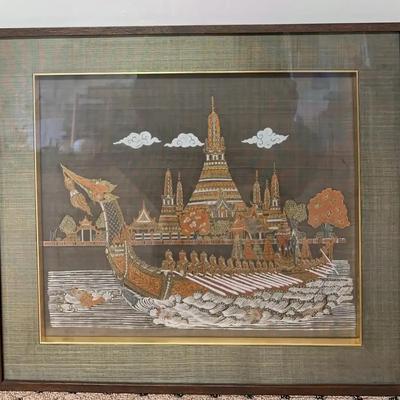 Framed Thai Silk Embroidery “Royal Barge Procession” – Lim Liang Hah, Bangkok