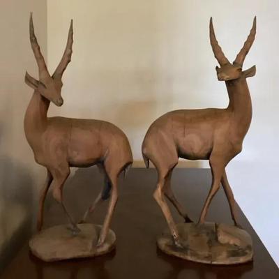 Mid-Century Hand-Carved Wooden Gazelle Pair – African Art Sculpture Set (c. 1960s–1970s)