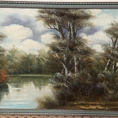 Framed Landscape Oil Painting Signed by Artist – Tranquil River Scene with Trees (Mid–Late 20th Cent