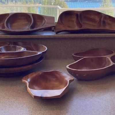 Mid-Century Teak and Monkey Pod Divided Serving Bowls – Set of 7 (c. 1960s–1970s)
